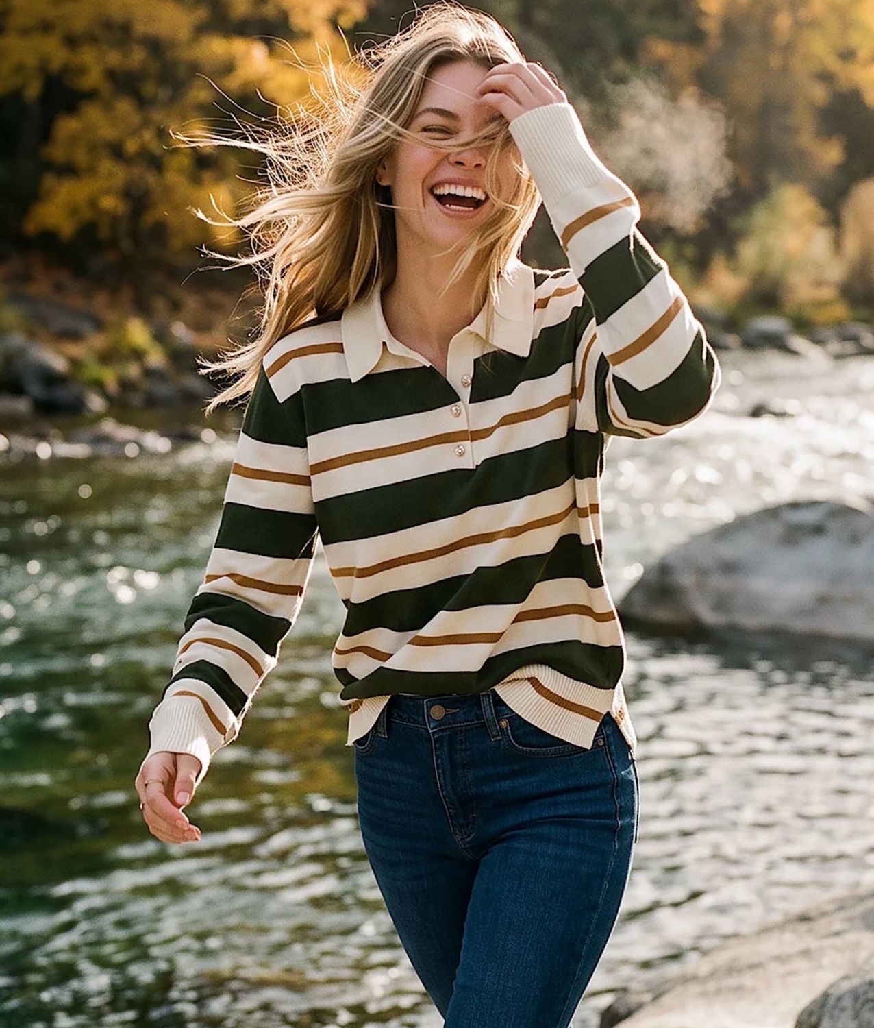 Karen Kane 3L89351 GameDay Stripe Sweater-Forest