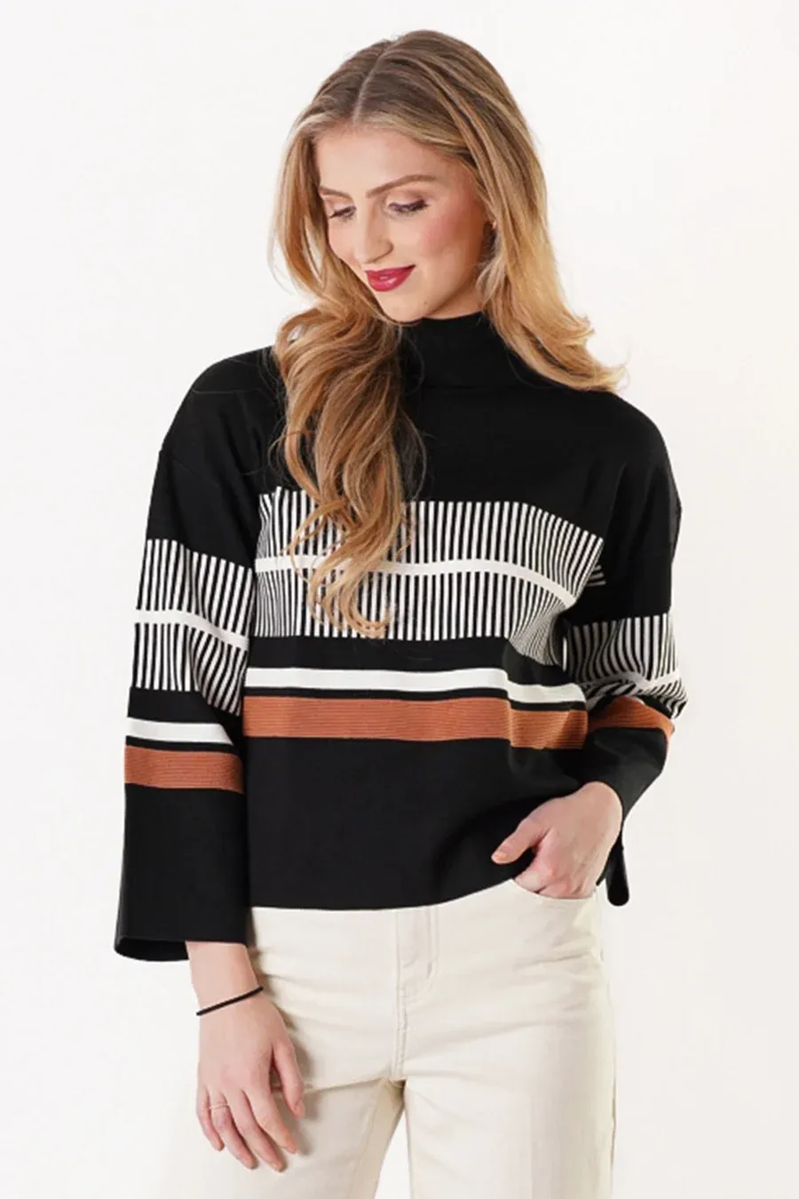 Trisha Tyler TT13085 Striped Mockneck-Black/Multi