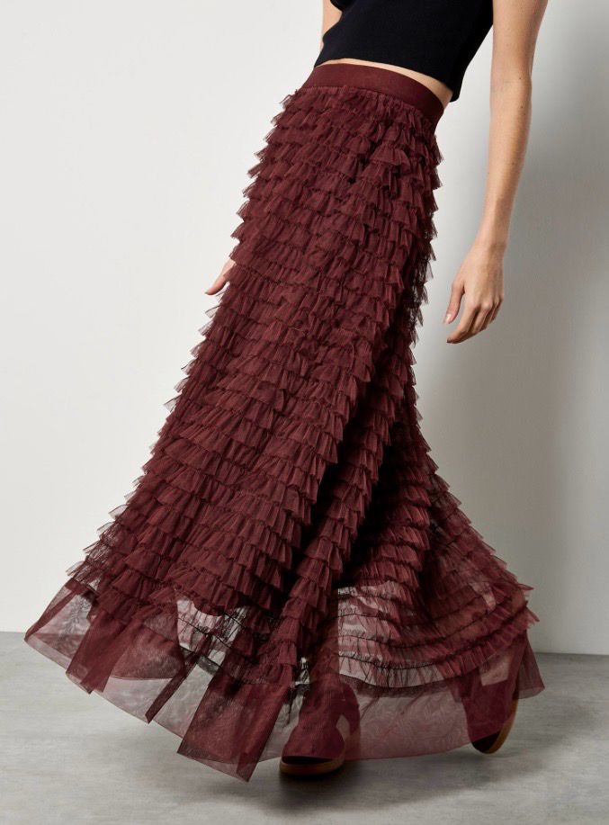 Apricot X205554 Multi Tiered Tulle Maxi-Burgundy