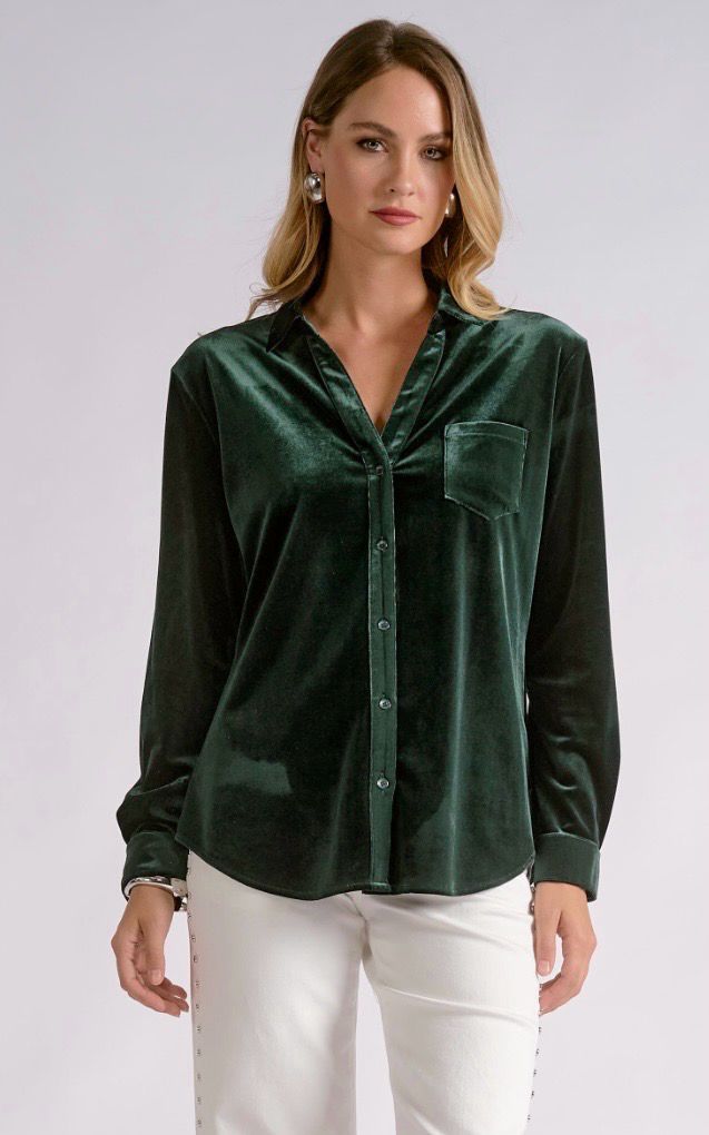 Elan VE11830 Velvet Button Down-Emerald