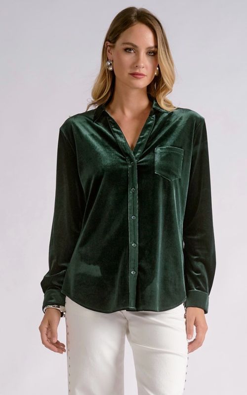 Elan VE11830 Velvet Button Down-Emerald