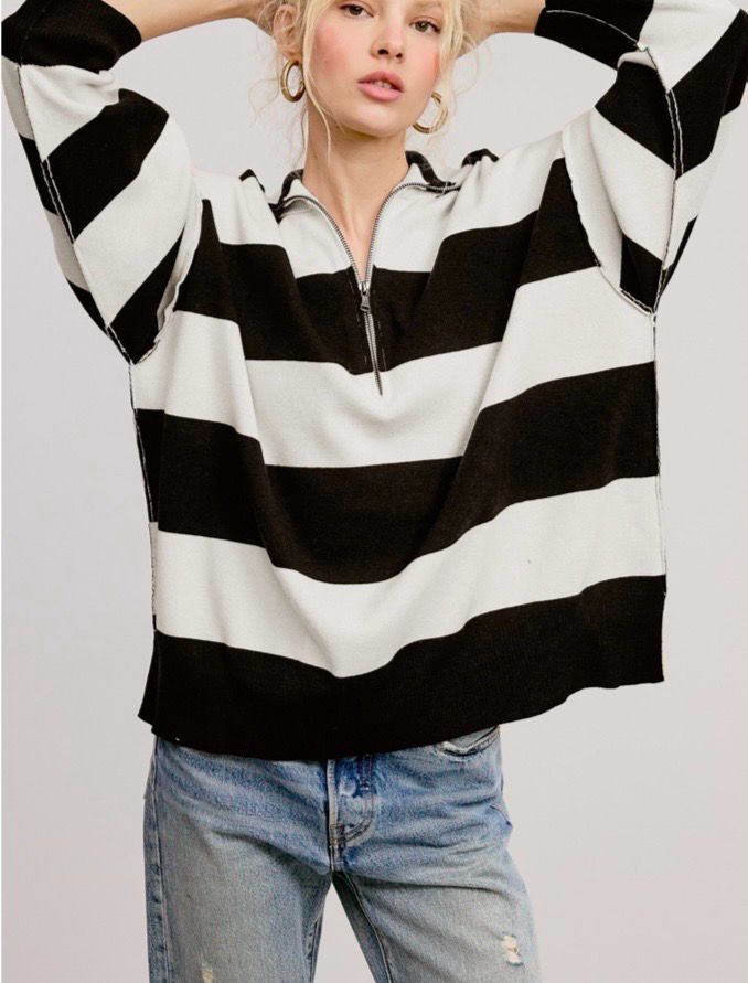 Charlotte Avery 2023852 HalfZip Stripe Sweater-B&amp;W
