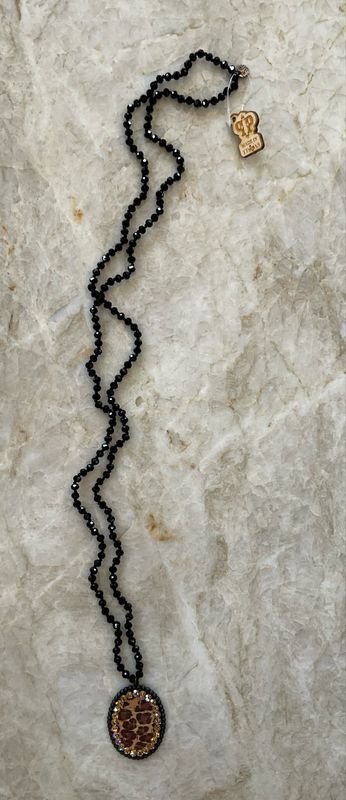 Pink Panache 1N335BLLSLE Black Beaded Necklace/Leopard