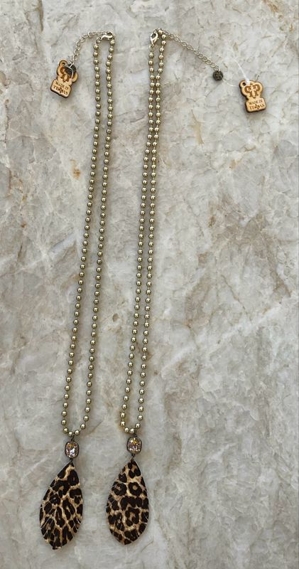 Pink Panache 1N389BLS Gold Beaded Teardrop Necklace-Leopard