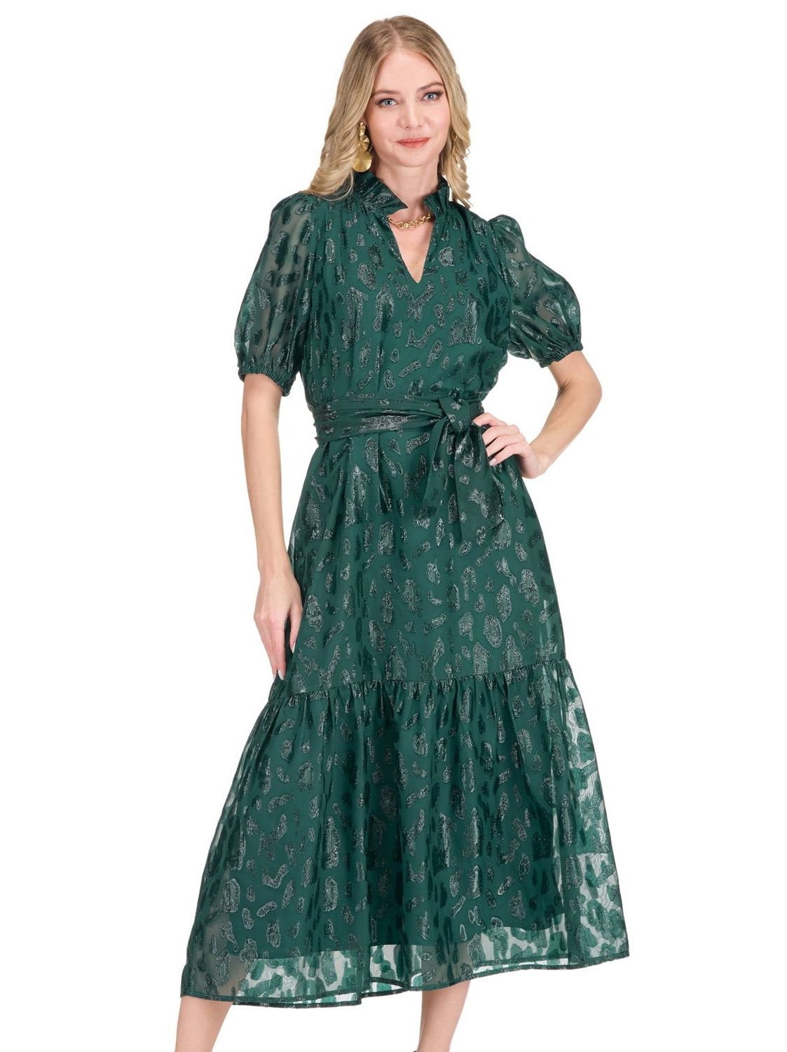 Joy Joy 80K7501-9 SplitNeck Flounce Dress-Forest