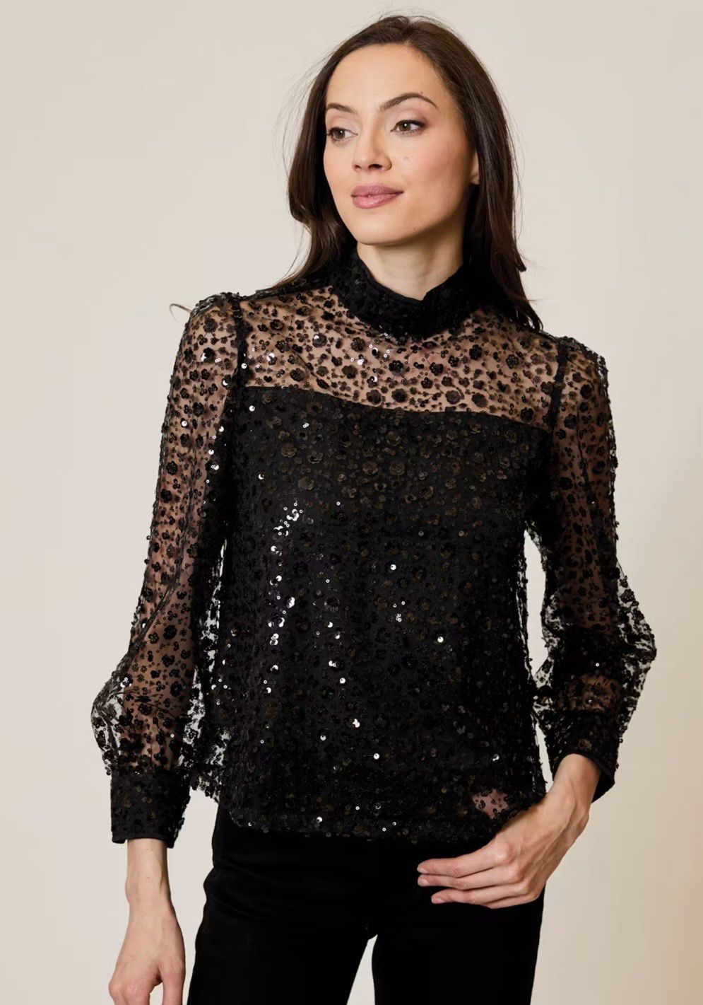 Design History OTS0412015 Sequin Mesh Top-BK