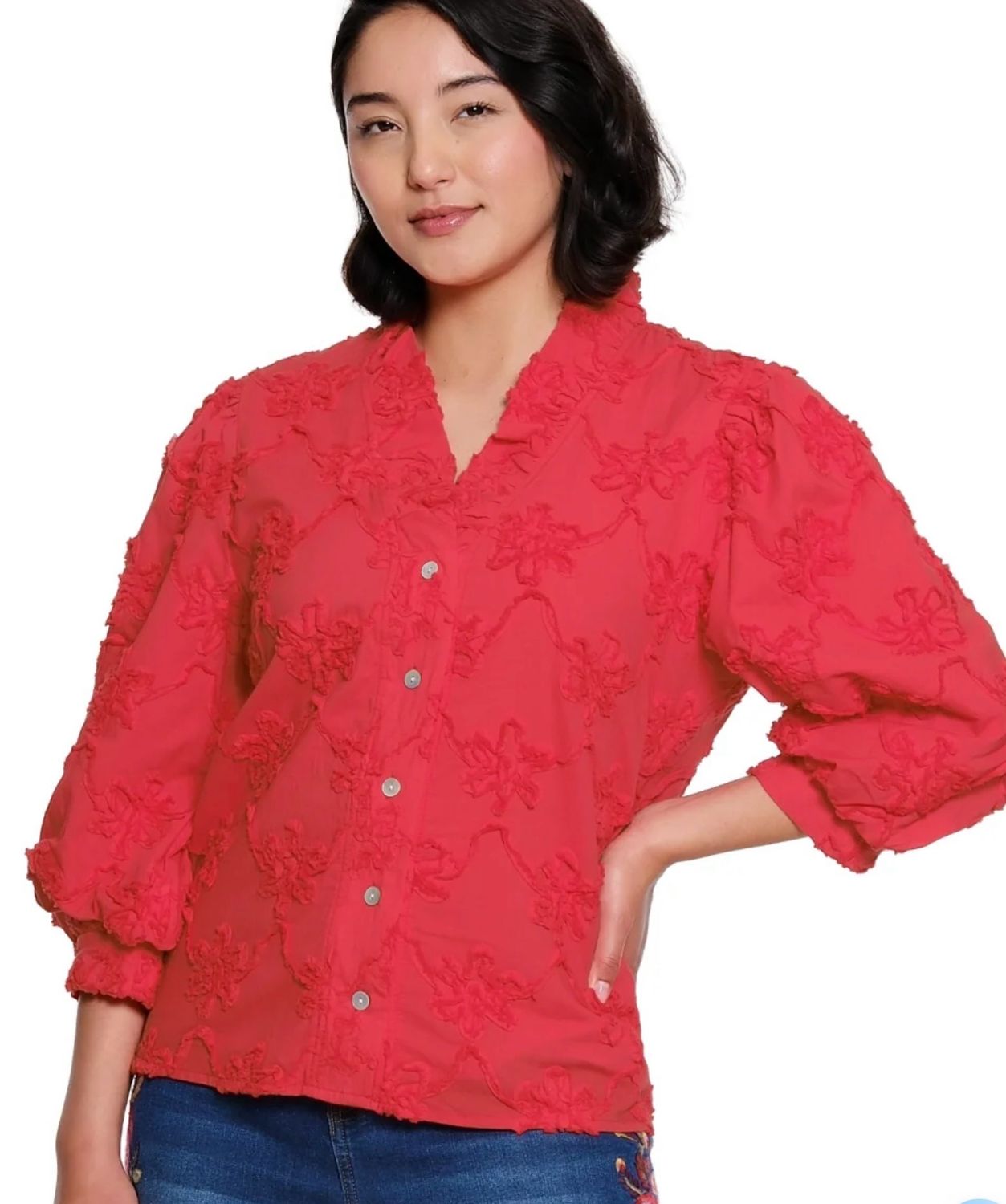 Tru Luxe T46366BM Soutache Ruffle Button Top-Red