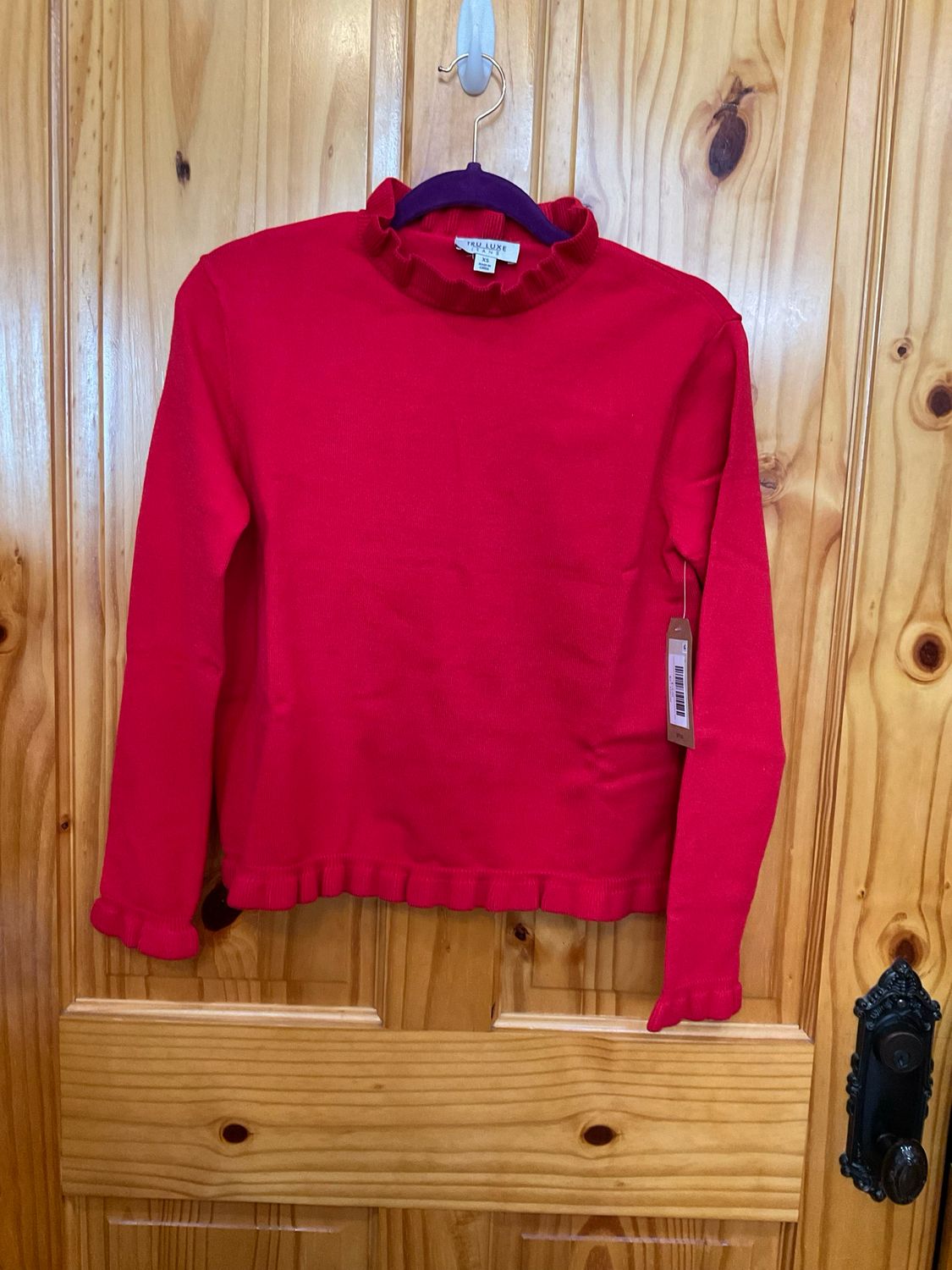 Tru Luxe T46221KM Ruffle Trim Pullover Sweater-Red
