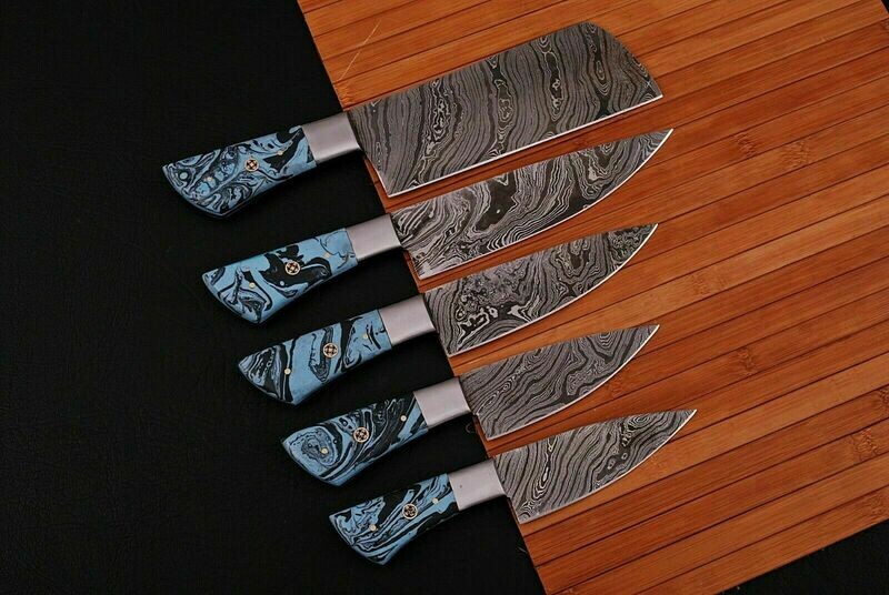 Custom Handmade Damascus kitchen knives set-RESIN HANDLE
