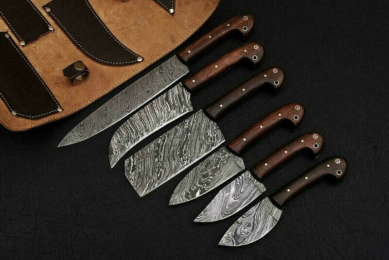 Custom Handmade Damascus kitchen knives set with wood handle..