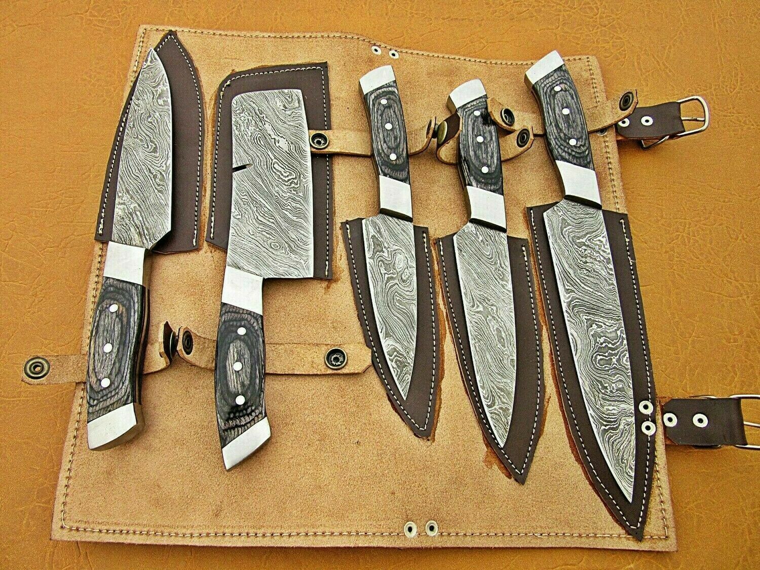 Custom Handmade kitchen knives set with hard wood handle..