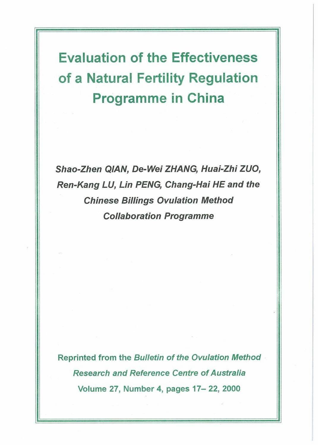 Download Evaluation of the Effectiveness of a Natural Fertility Regulation Programme in China