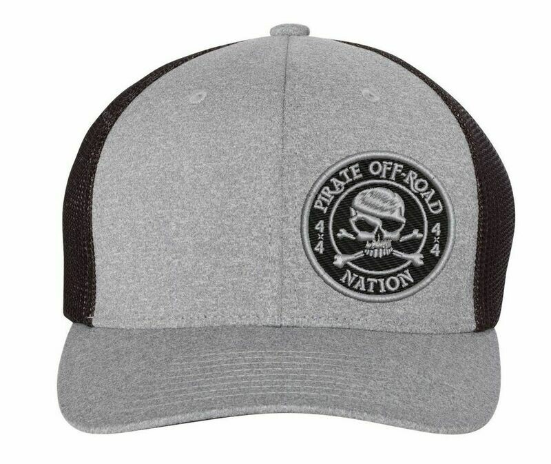 FlexFit Melange Trucker Cap - One Size Fits All, Hat Colours: Black and Grey with Black Round Logo