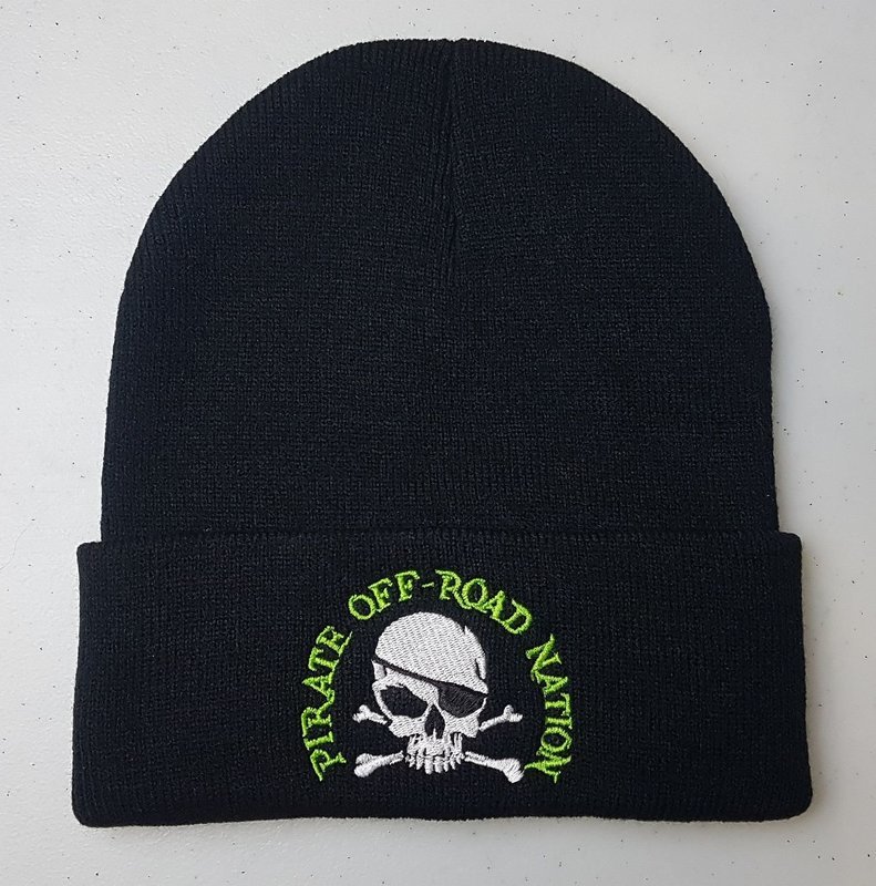Embroidered Toque with Cuff (Black w/ green and white stitching)