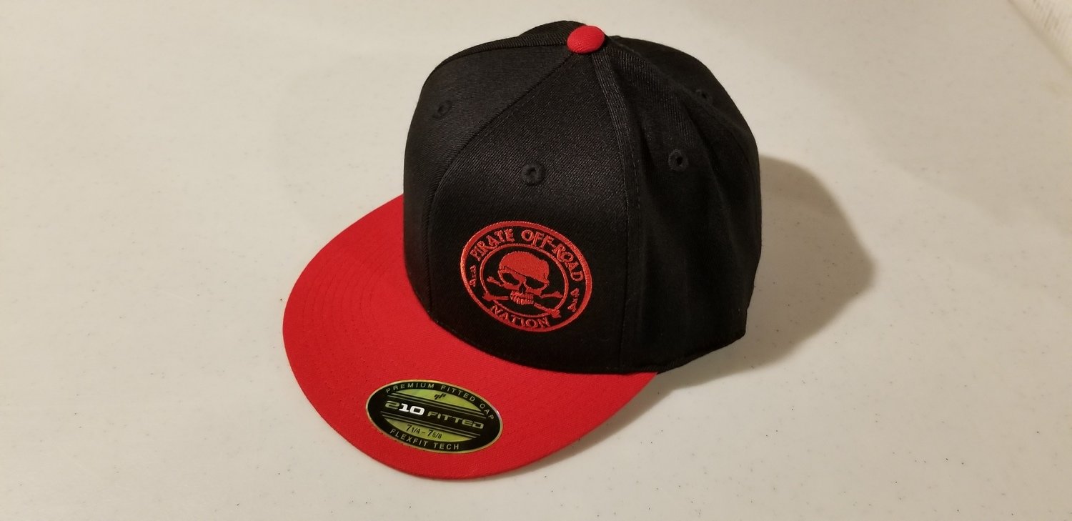 FLEXFIT 210 FLAT BILL-  (Red &amp; Black Hat with Red Stitching)