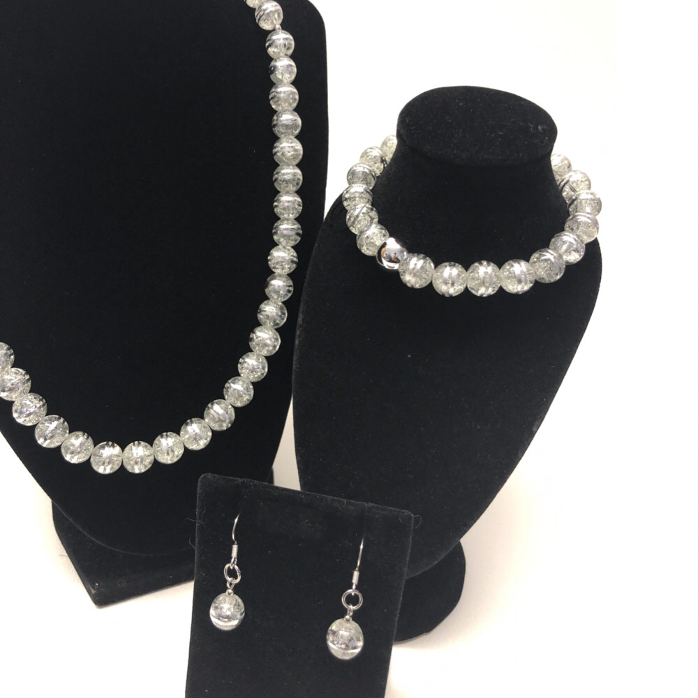 Ripped Clear Silver Necklace Bracelet Set