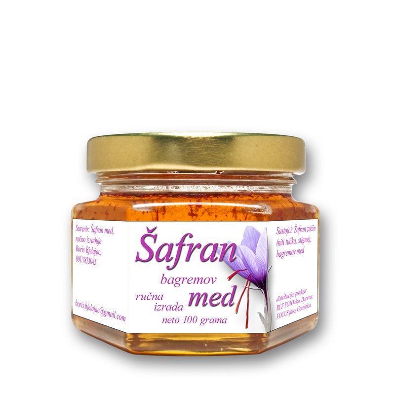 Šafran med, Saffron honey, Safran honig, Šafrán med, Шафран мед.