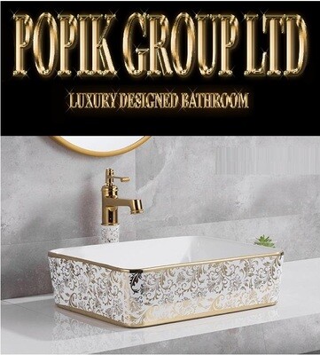 White Gold Floral Bathroom Ceramic Counter Top Wash Basin Sink Bowl