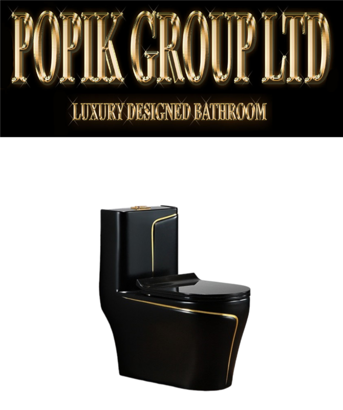 Modern Black Toilet with Gold Accent | Luxury Dual-Flush Black and Gold Bathroom Fixture | Sleek Matte Black Design