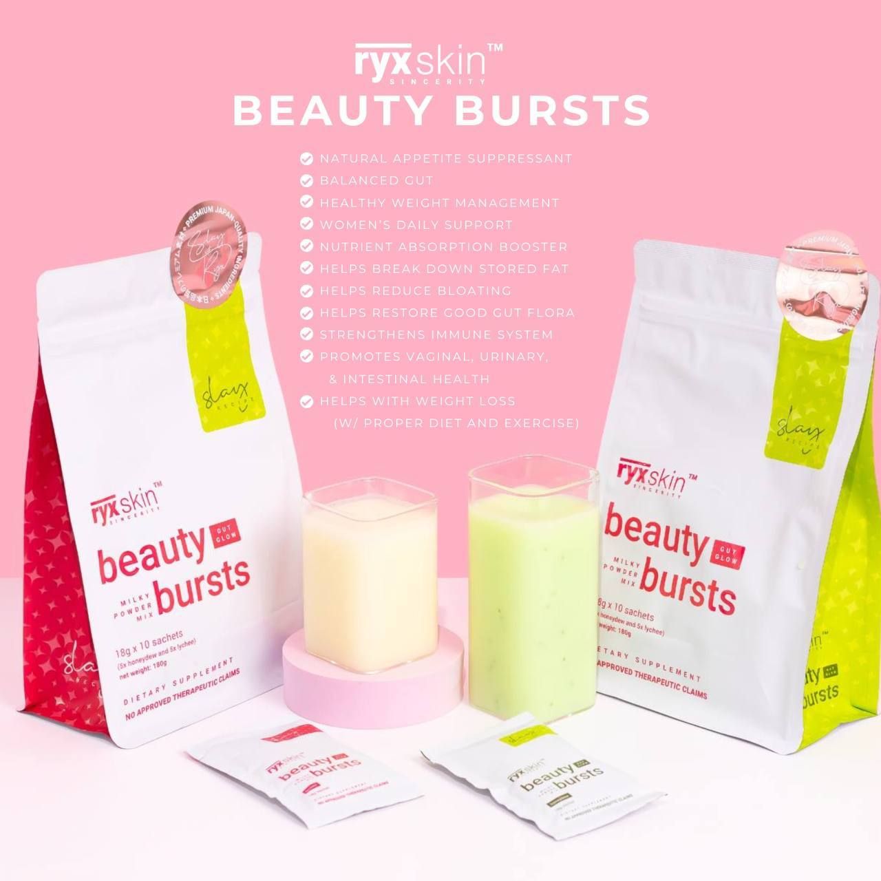 RYXSKIN BEAUTY BURST GUTS LYCHEE &amp;MELON FLAVOR 10 SACHETS  EXP NOV 25,2026