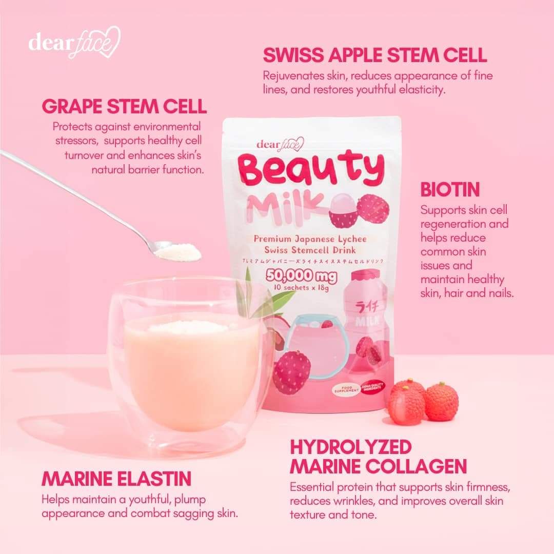 Dear face Beauty Milk Lychee 10 sachets/pouch expiration 20,07,2026