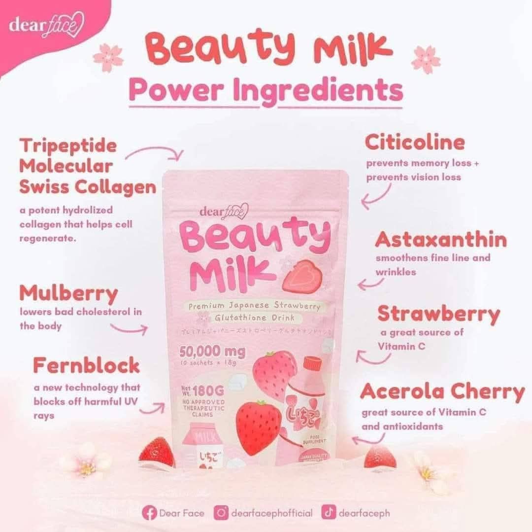 DEAR FACE BEAUTY MILK STRAWBERRY 10SACHETS/POUCH EXP SEPT 24,2027 DEAR FACE BEAUTY MILK STRAWBERRY 10SACHETS/POUCH EXP SEPT 24,2027
