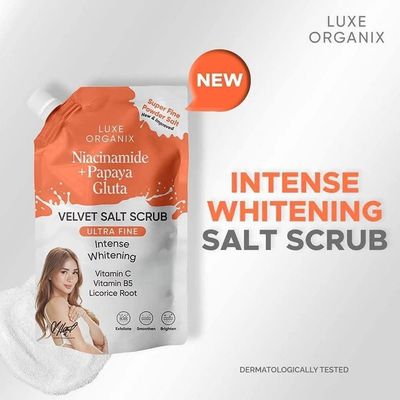 LUXE ORIGANIX VELVET SALT SCRUBB NIACINAMIDE  PAPAYA +GLUTA 300G EXP OKT 07,2027