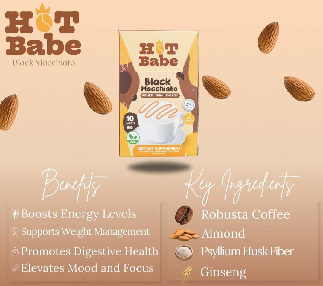 HOT BABE BLACK MACCHIATO COFFEE 10 SACHETS/BOX EXP NOV 21,2026
