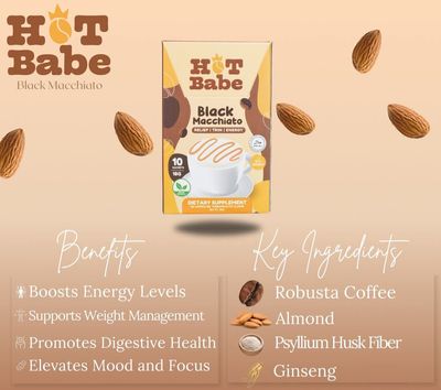 HOT BABE BLACK MACCHIATO COFFEE 10 SACHETS/BOX EXP NOV 21,2027