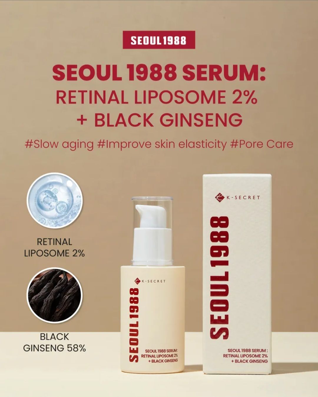 K-SECRET SEOUL 1988 SERUM: RETINAL LIPOSOME 2% +BLACK GINSENG 30ML  EXP SEP13.2028