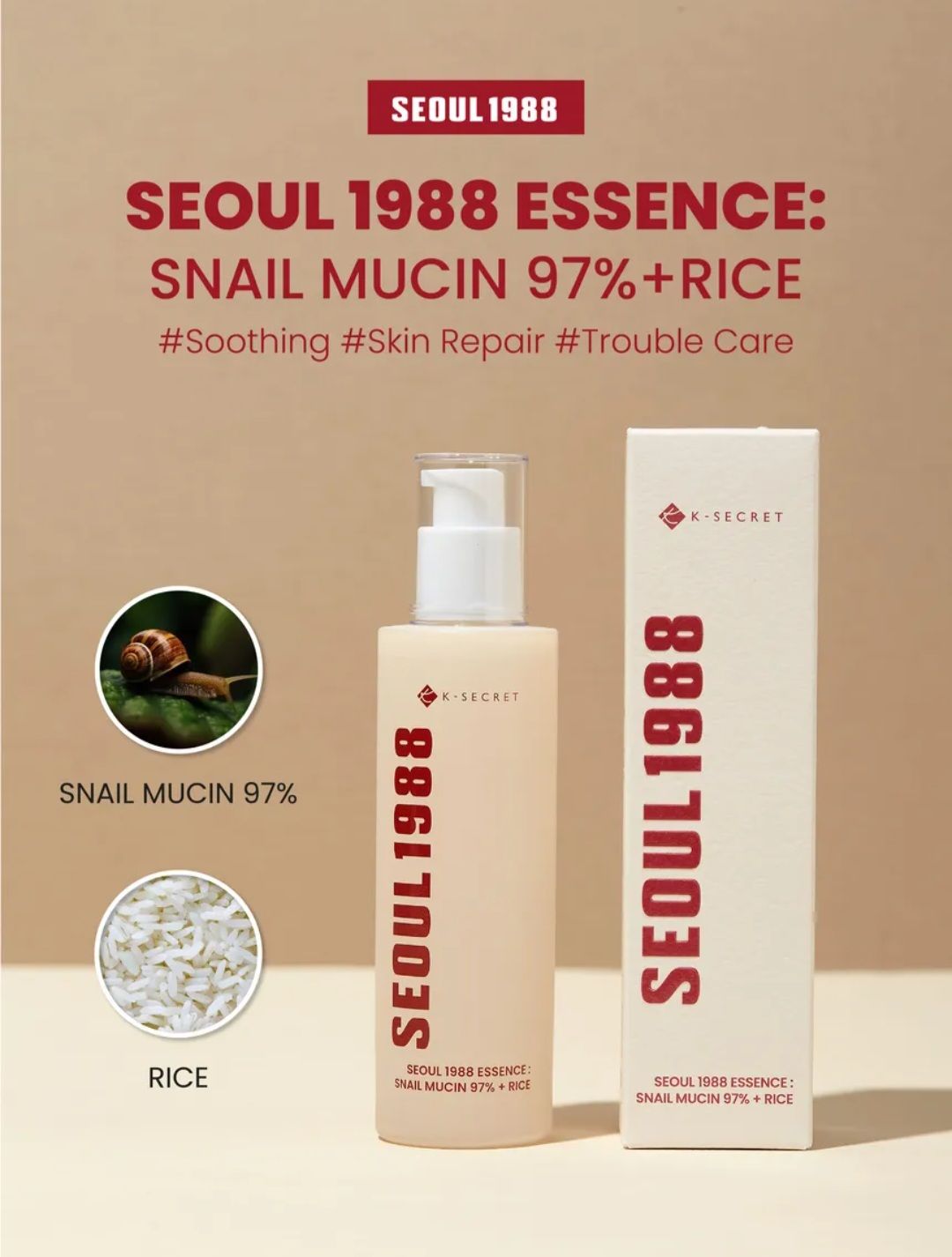 K-SECRET SEOUL 1988 ESSENCE: SNAIL MUCIN 97% +RICE 100ML