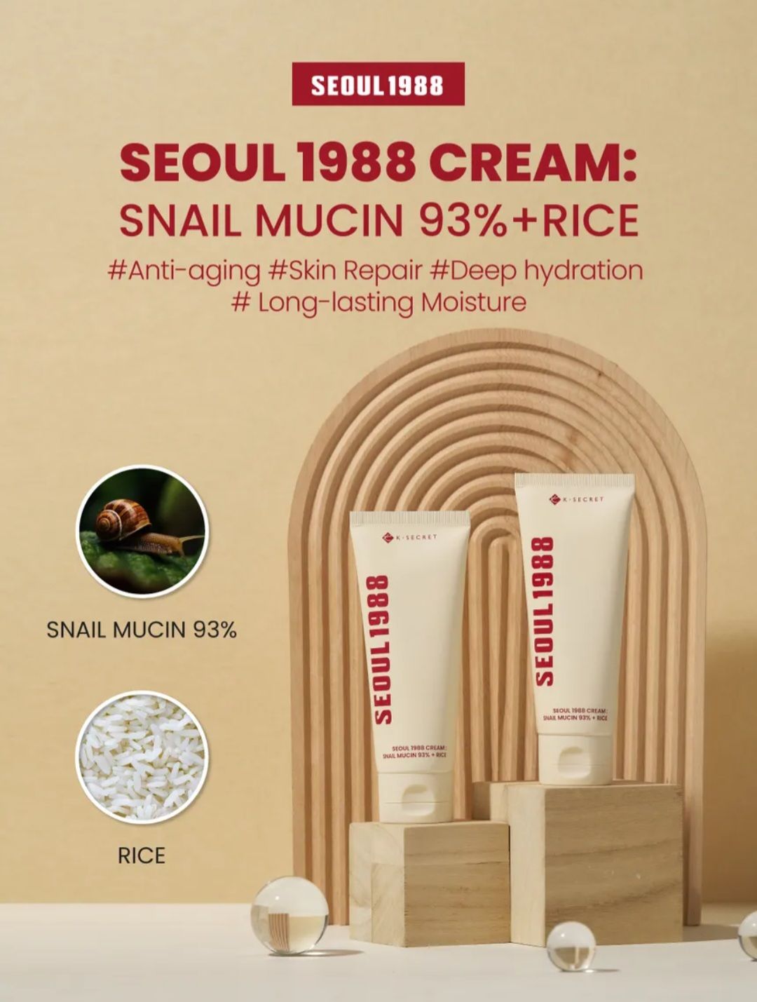 K-SECRET SEOUL 1988 CREAM: SNAIL MUCIN 97% +RICE  100ml  EXP SEP12.2028