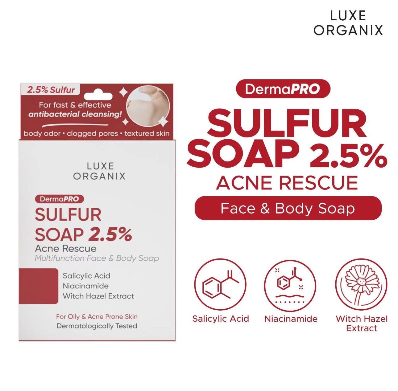 LUXE ORIGANIX DERMAPRO SULFUR SOAP 2.5% ACNE RESCUE 80G EXP AUG 21,2027