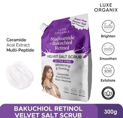 LUXE ORIGANIX VELVET SALT SCRUBB NIACINAMIDE +BAKUCHIOL RETINOL 300G EXP OCT 22.2027
