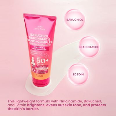 LUXE ORIGANIX BAKUCHIOL NIACINAMIDE SERUM LOTION 350ML SPF 50+ PA++++ EXP FEB 20,2027