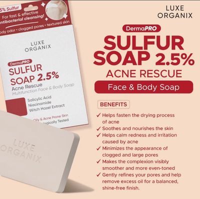 LUXE ORIGANIX DERMAPRO SULFUR SOAP 2.5% ACNE RESCUE 80G EXP AUG 21,2027