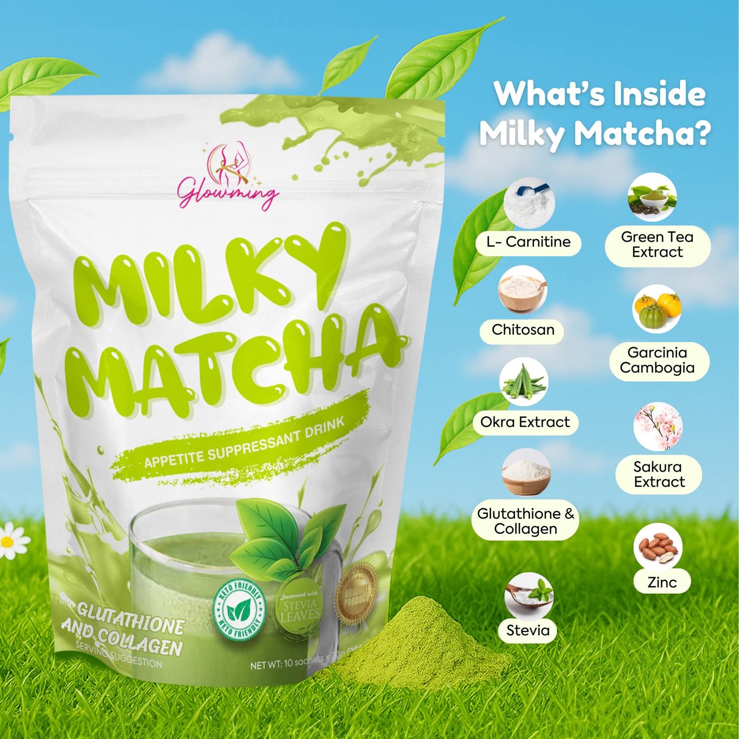 CC GLOWMING MILKY MATCHA 10 SACHETS EXP SEP 23. 2027