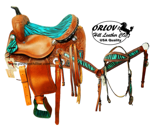Orlov Hill Leather CO.® Youth Pony Saddle Brown/Turquoise Print 4 piece Set