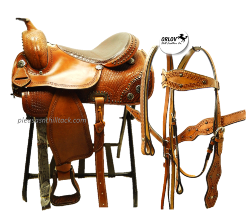 Orlov Hill Leather Co. Western Show Saddle Conchos Brown in skirt D Rigging 4 piece Set