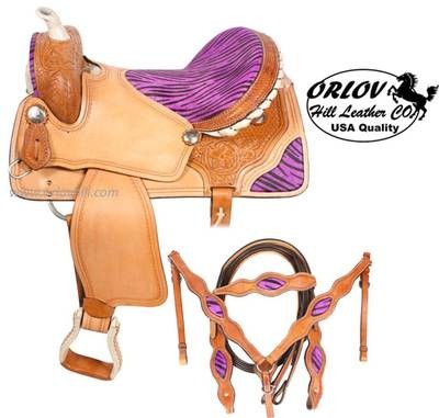 Orlov Hill Leather CO.® ZBarrel Purple/Light Oil 4 piece saddle set 15&quot; and 16&quot;
