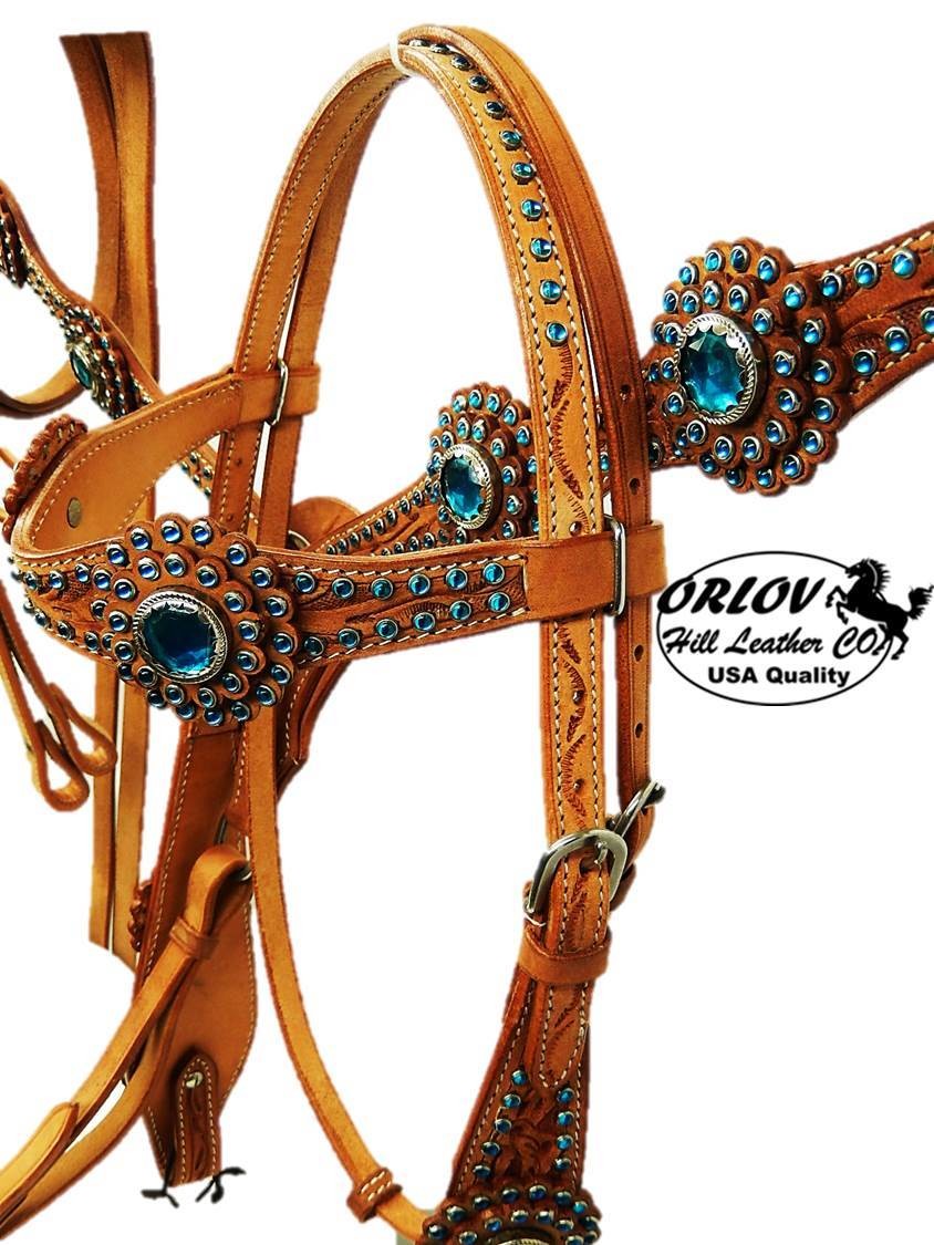 ORLOV Hill Leather Headstall, Breast Collarn Riens Turquoise Crystals 3 piece set