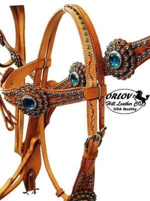 ORLOV Hill Leather Headstall, Breast Collarn Riens Turquoise Crystals 3 piece set