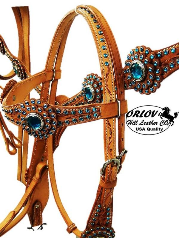 ORLOV Hill Leather Headstall, Breast Collarn Riens Turquoise Crystals 3 piece set