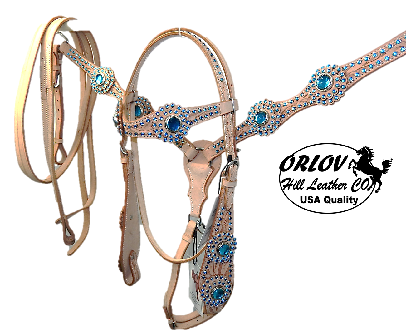 ORLOV Hill Leather Headstall and Breast Collar Turquoise Crystals 3 piece set