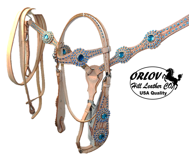 ORLOV Hill Leather Headstall and Breast Collar Turquoise Crystals 3 piece set