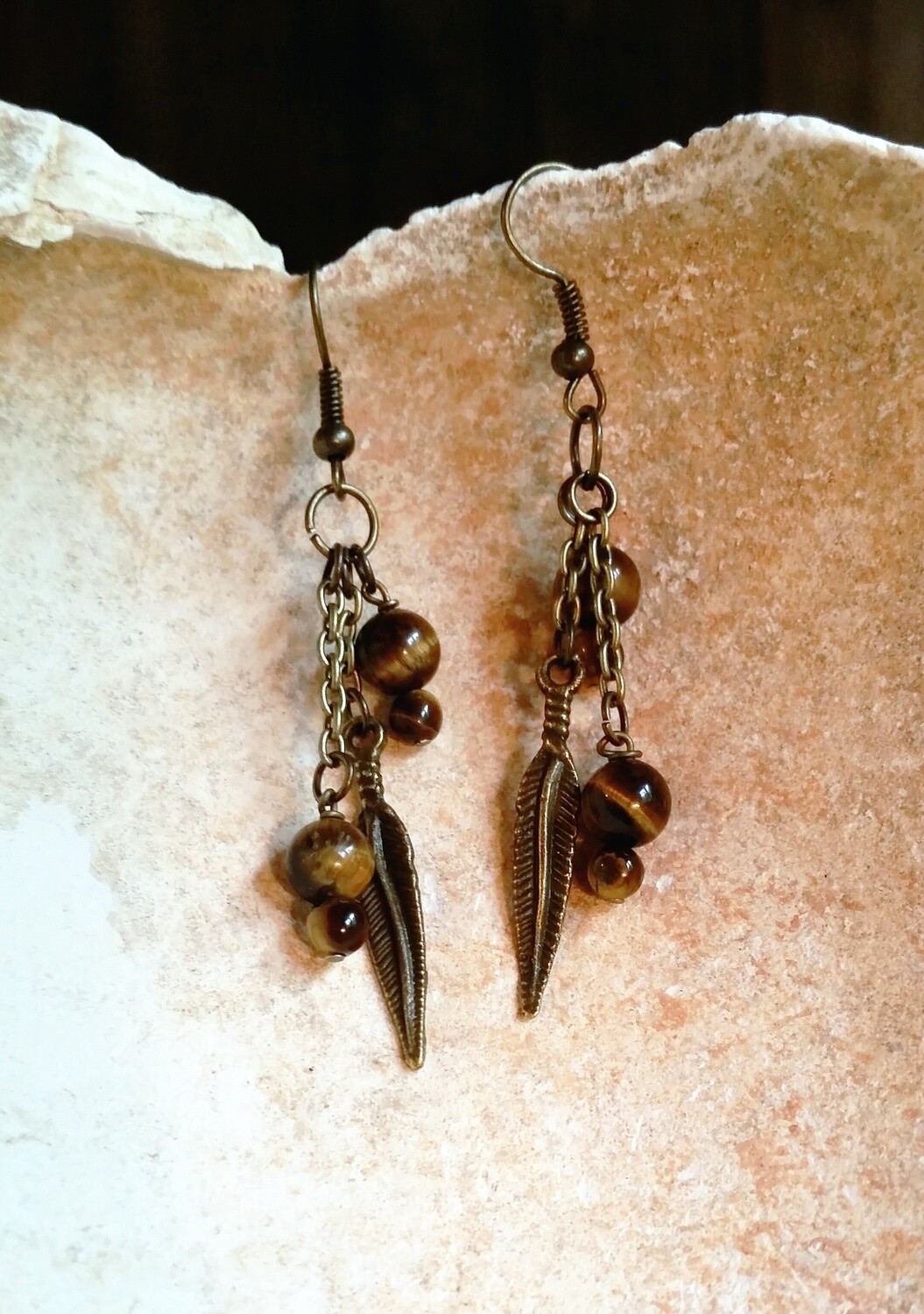 Bronze Feather and Tigers Eye Dangle Earrings