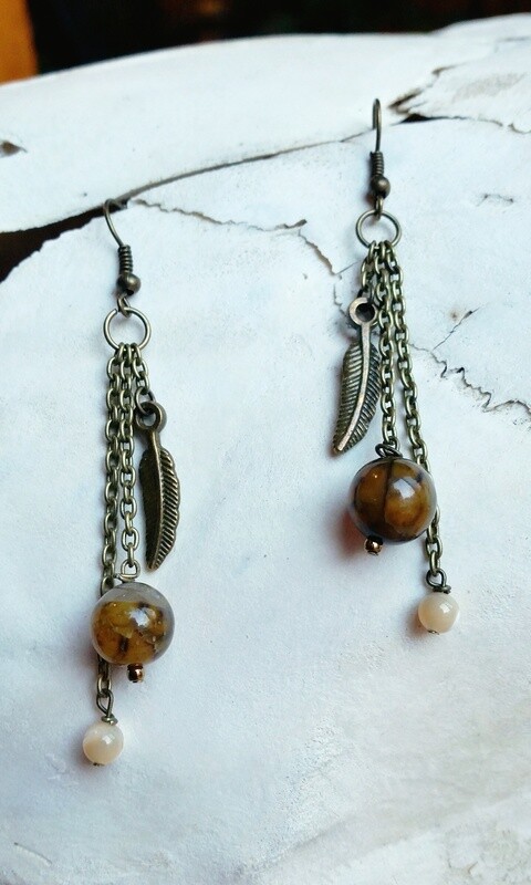 Brass Dangles with Stone and Feather Accents