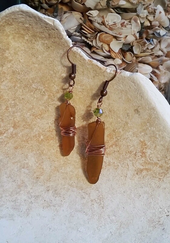 Brown Sea Glass with Light Green Czech Glass Beads
