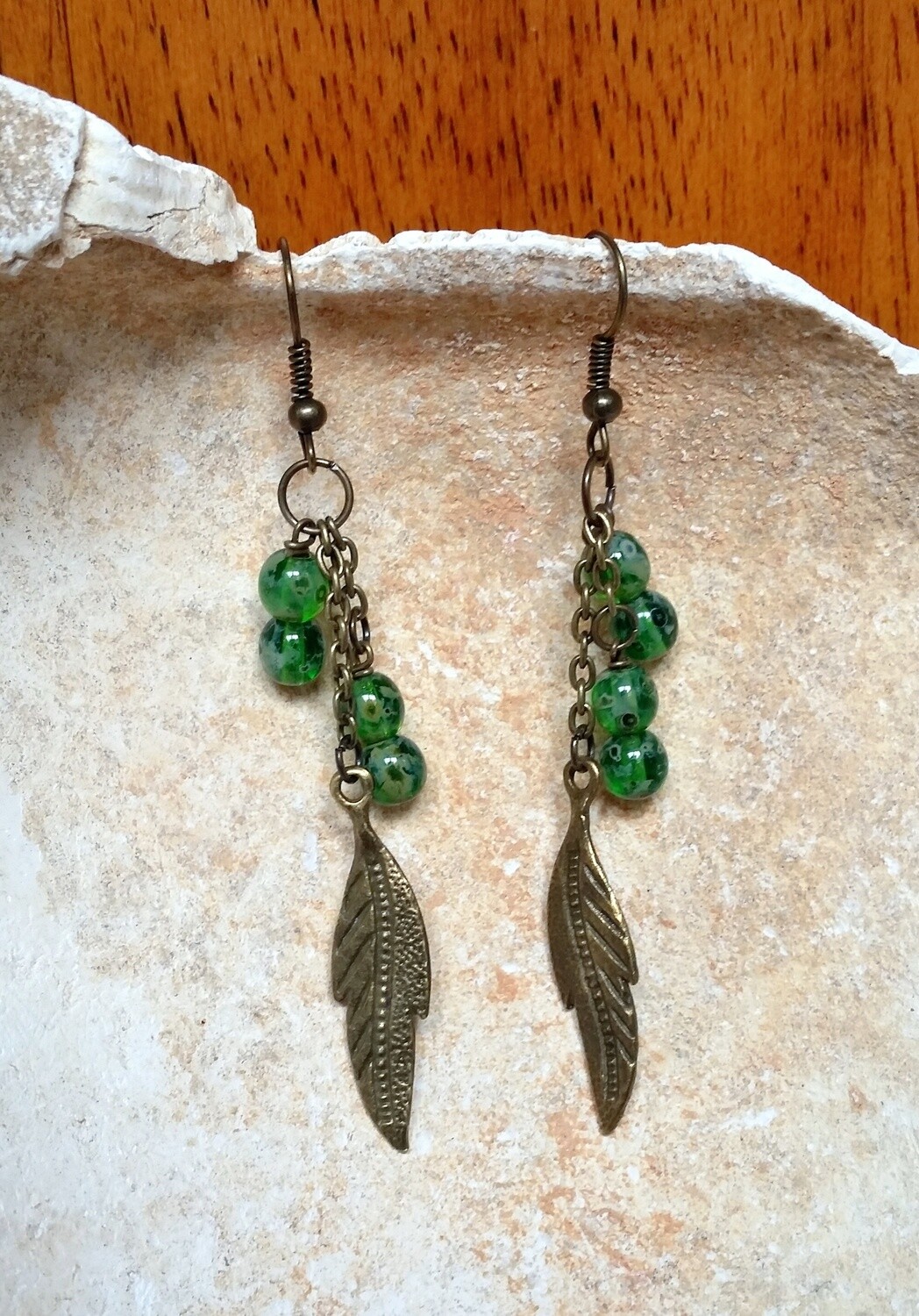 Bronze Feathers and Green Glass Bead Dangles
