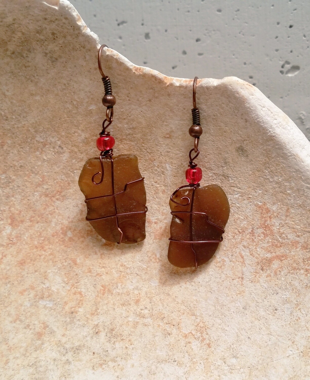 Brown Sea Glass Wire Wrapped Earrings